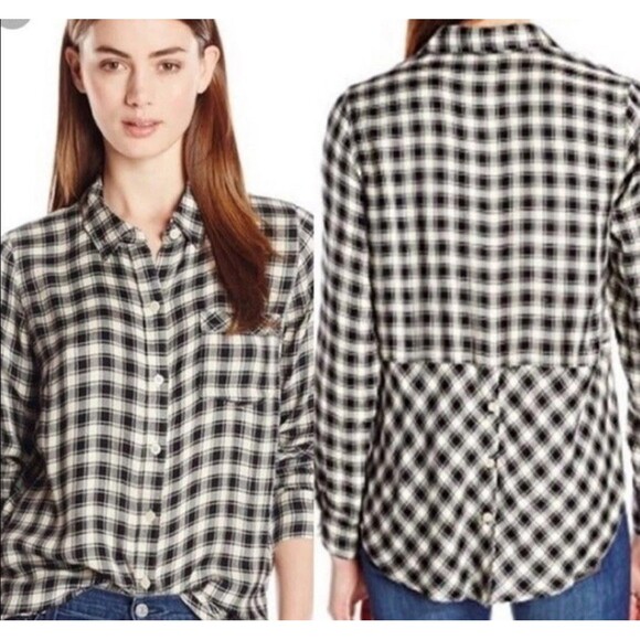 Lucky Brand Women's Black/Ivory Boyfriend Bungalow Checkered Button-Up Shirt, Lg - Picture 5 of 6